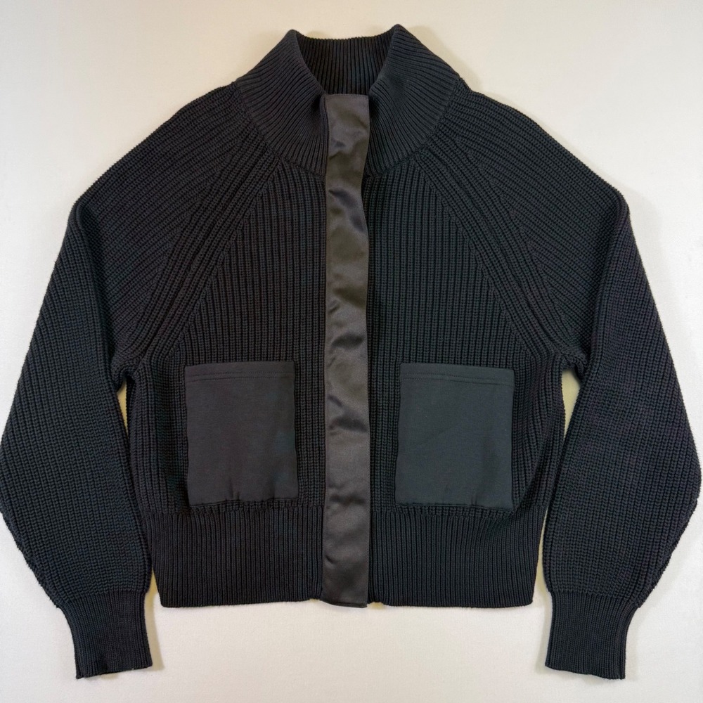 Varley Cardigan Sweater Womens Small Black Ribbed Full Zip Satin Trim Mock Neck